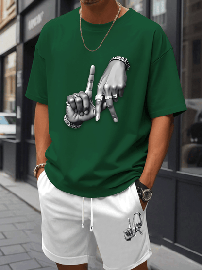 New Summer Men's Printed 2pcs Fashion Casual Suit, Round Neck Short Sleeve T-shirt and Waistband Shorts Set