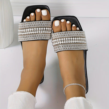 Elegant Women's Summer Flat Slide Sandals - Chic Square Toe with Pearl & Rhinestone Embellishments, Casual Slip-On Design, Faux Cover Upper & Rubber Sole, Ladies Sandals