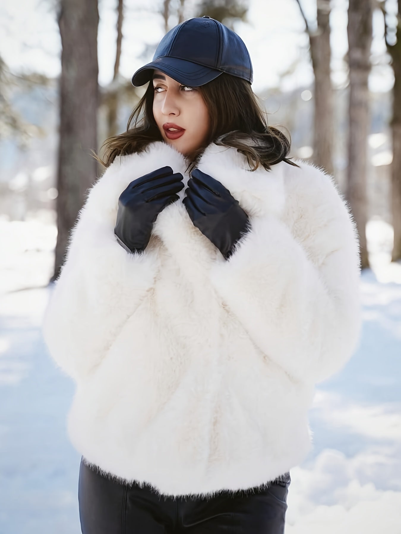 Women's Elegant Luxury Faux Fur Coat - Winter Warm Solid Black Outerwear with Plush Fur Collar, Machine Washable Winter Coat for Fall & Winter, Casual to Formal Events, Faux Fur Jacket for Women, Chic and Sophisticated Design