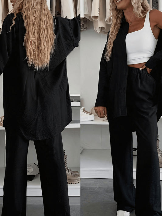 Women's Loose Shirt & Wide-Leg Pants Set - Elegant Polyester