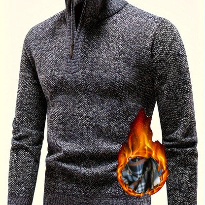 Men's Fleece-Lined Warm Knit Sweater - Autumn/Winter, Solid Color with Stand Collar & Short Zipper Placket, Long Sleeve, Polyester - Ideal for Hiking, Cycling & Casual Attire, Winter Sweater