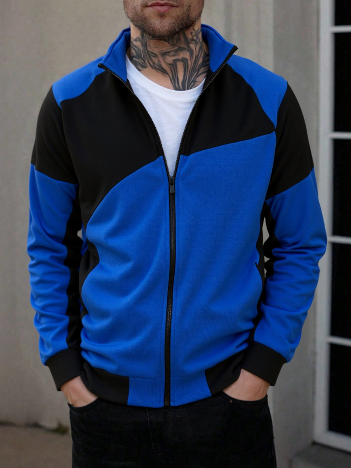 Men's Slim Fit Color Block Zip-Up Jacket with Stand Collar