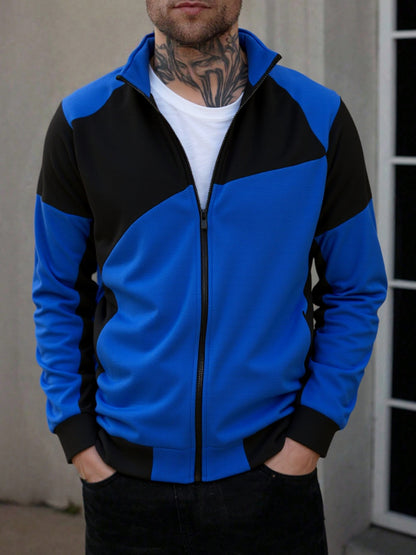 Men's Slim Fit Color Block Zip-Up Jacket with Stand Collar