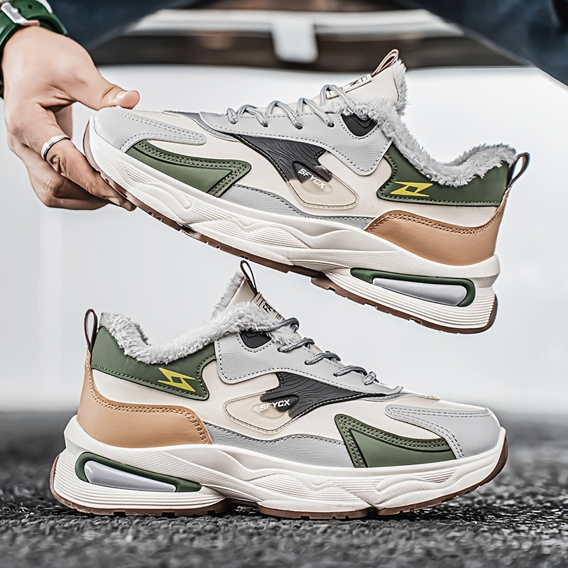 Men's Winter Sneakers with Plush Collar - Beige/Grey/Green PU Upper, Thick Rubber Sole & Traction Tread - Low-Top Lace-Up Warm Shoes for Cold Weather, Casual & Sports (White Accent)