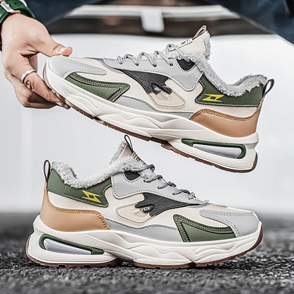 Men's Winter Sneakers with Plush Collar - Beige/Grey/Green PU Upper, Thick Rubber Sole & Traction Tread - Low-Top Lace-Up Warm Shoes for Cold Weather, Casual & Sports (White Accent)