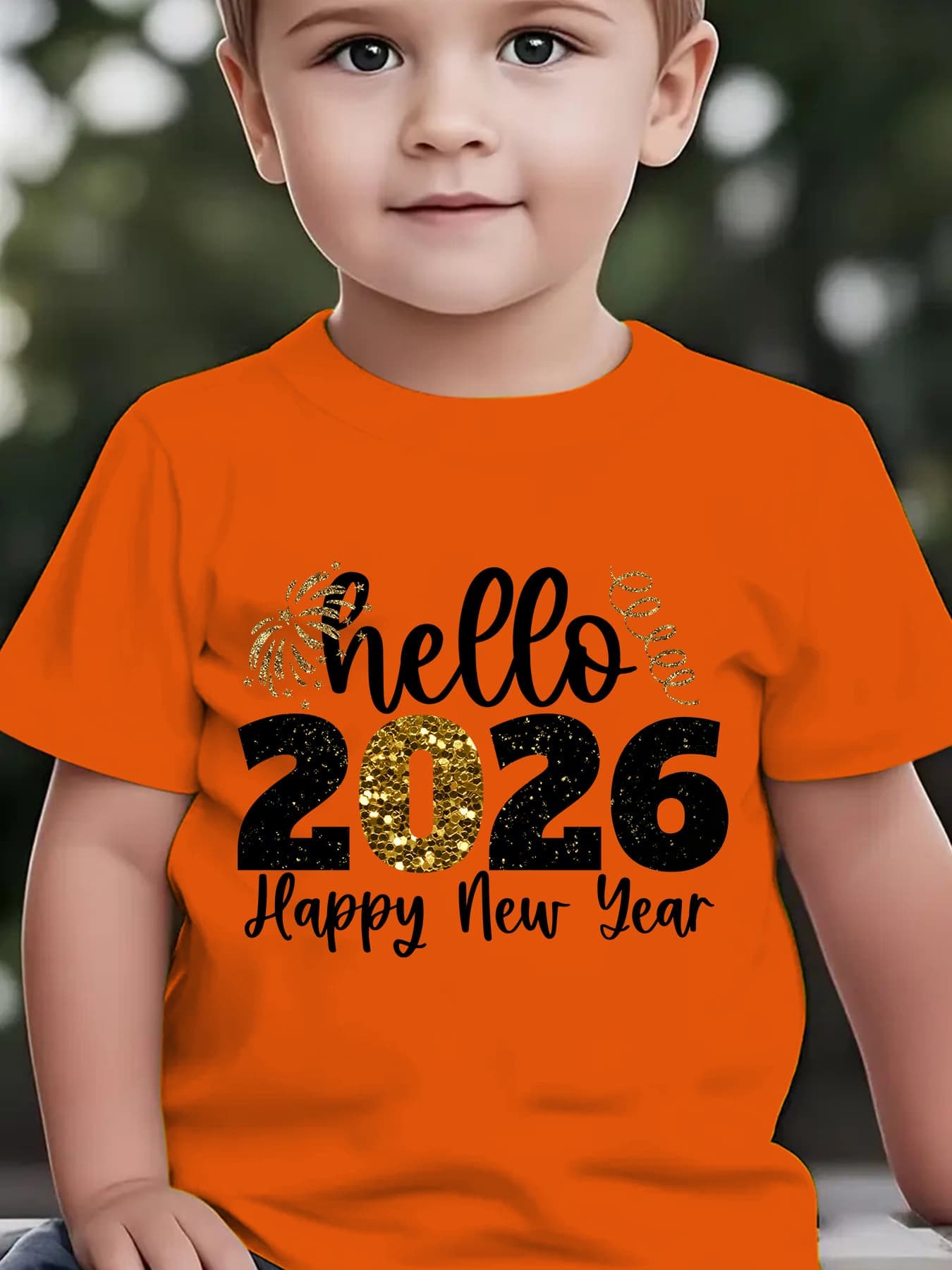 Boys' 2026 New Year'S Eve Party T-Shirt - Hello 2026 Happy New Year Fireworks Print with Golden & Lettering - Lightweight Summer Tee for Birthday Party Outfit, New Year'S Eve Celebration - Easy-care Kids Shirt, New Year T Shi