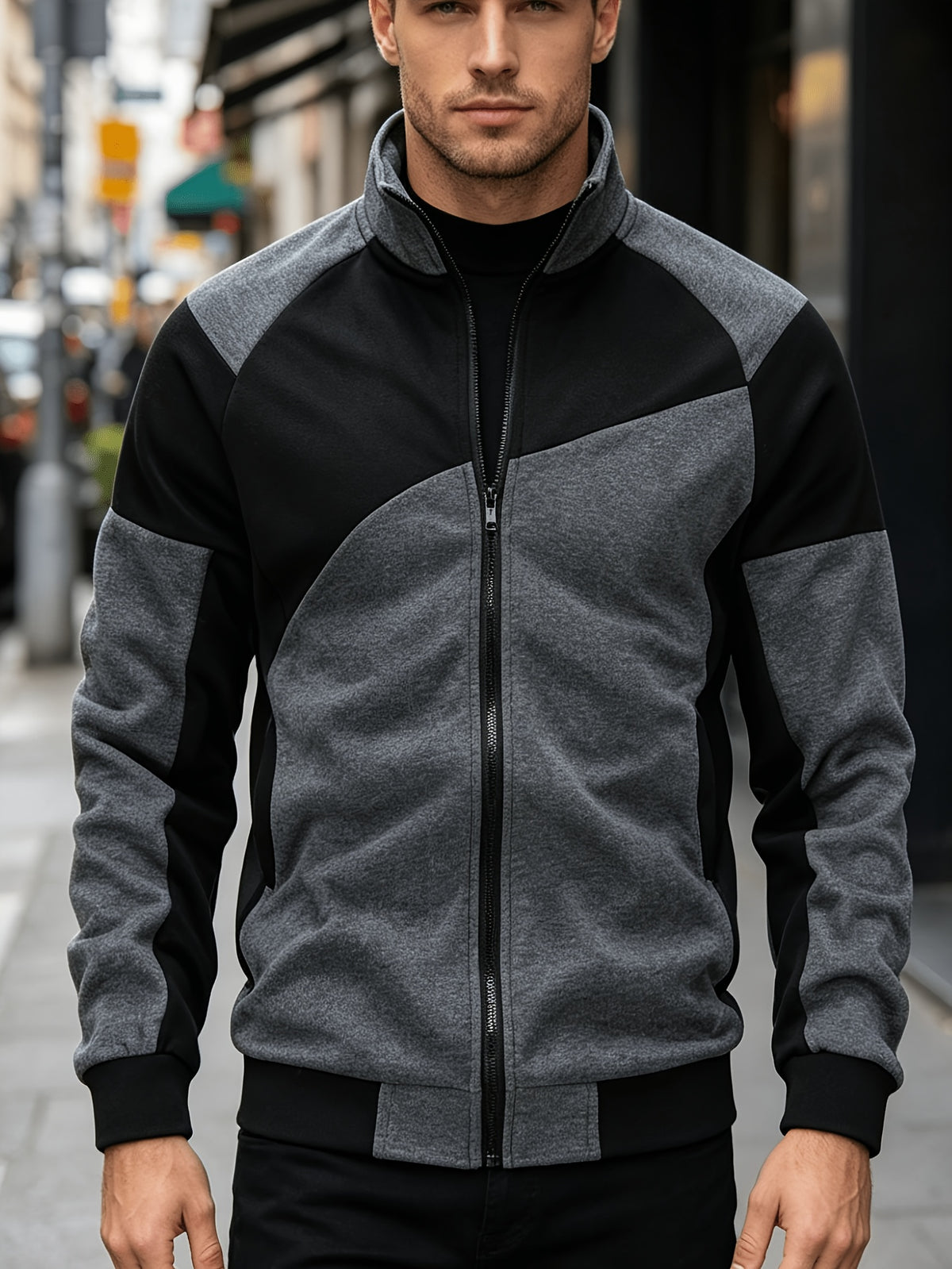 Men's Slim Fit Color Block Zip-Up Jacket with Stand Collar