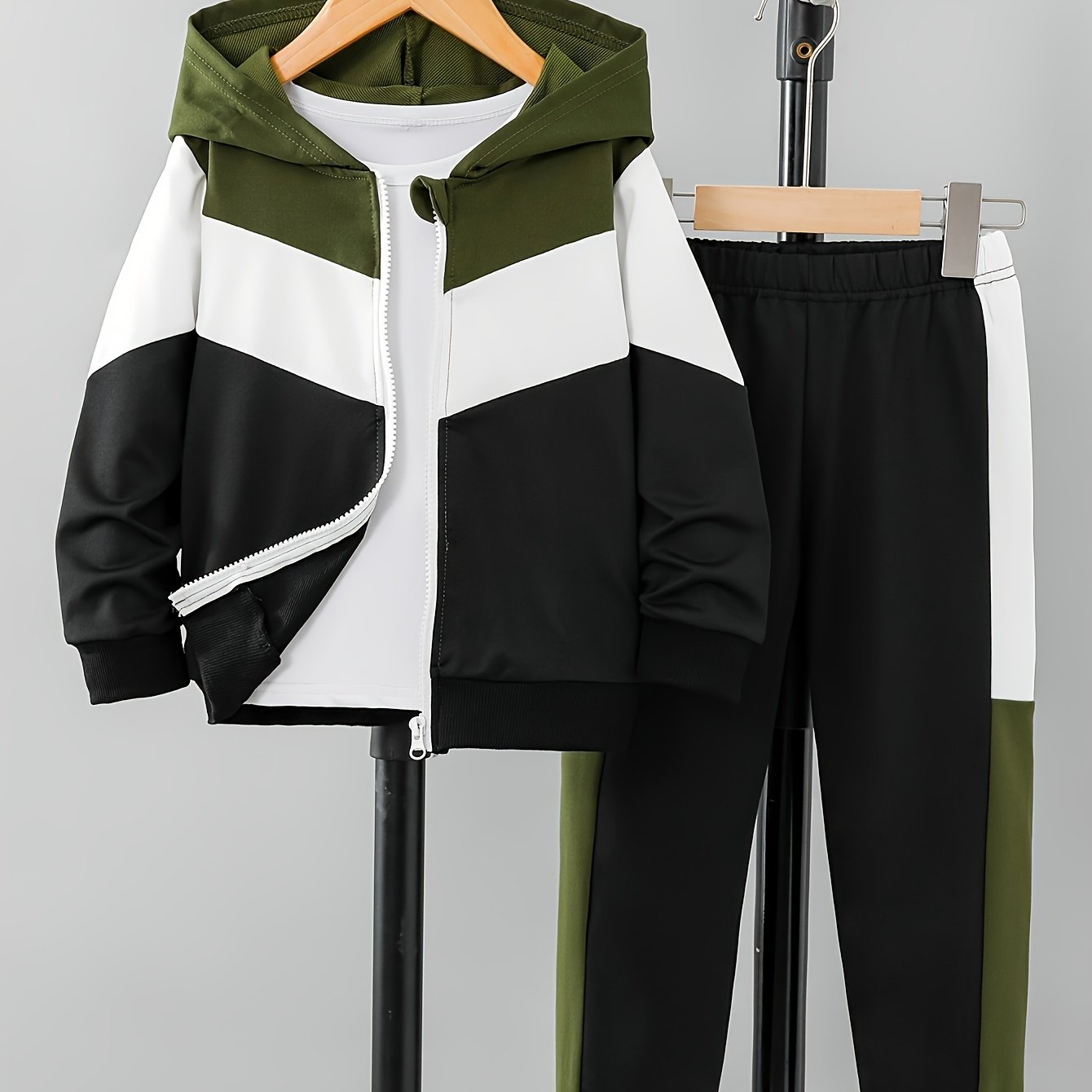 Boys' Autumn American Retro Casual Multi-Color Patchwork Hooded Long Sleeve Jacket & Pants Two-Piece Set