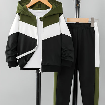 Boys' Autumn American Retro Casual Multi-Color Patchwork Hooded Long Sleeve Jacket & Pants Two-Piece Set