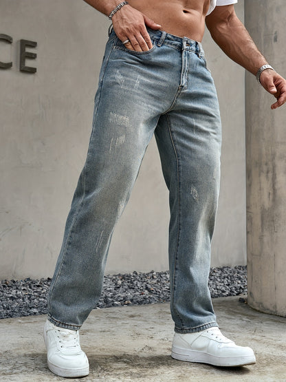 Men's Regular Fit Distressed Denim Jeans - Light Grey, Blend, Machine Washable, Year-Round Comfort & Style