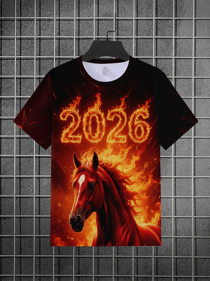 Men's 3D Horse & Flame Graphic T-Shirt with 2026 Number Design - Red & Black Casual Summer Tee, Regular Fit