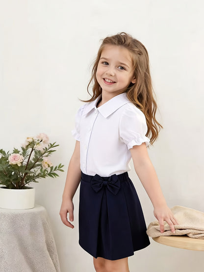 Girls' Preppy Summer Set with Bubble Sleeve Shirt & Skirt