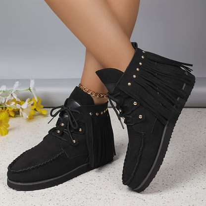 Women'S Fashion Solid Color Tassel and Rivet Chunky Sole Anti-Slip Soft Sole Chelsea Boots, Round Toe Lace-Up Zipper Western Cowboy Boots, Casual All-Season Comfort Flat Heel Dress Boots with Superfine Fiber Upper/Inner & Rub