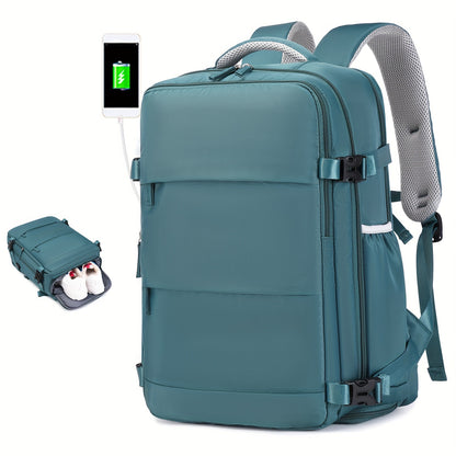 Women'S Travel Backpack, Flight Approved, Expandable Large Capacity Luggage Daypack, Business Weekend Bag with Shoe Compartment, Back to School Backpack, Solid Color, Polyester, Adjustable Strap, Zipper Closure, USB Powered,