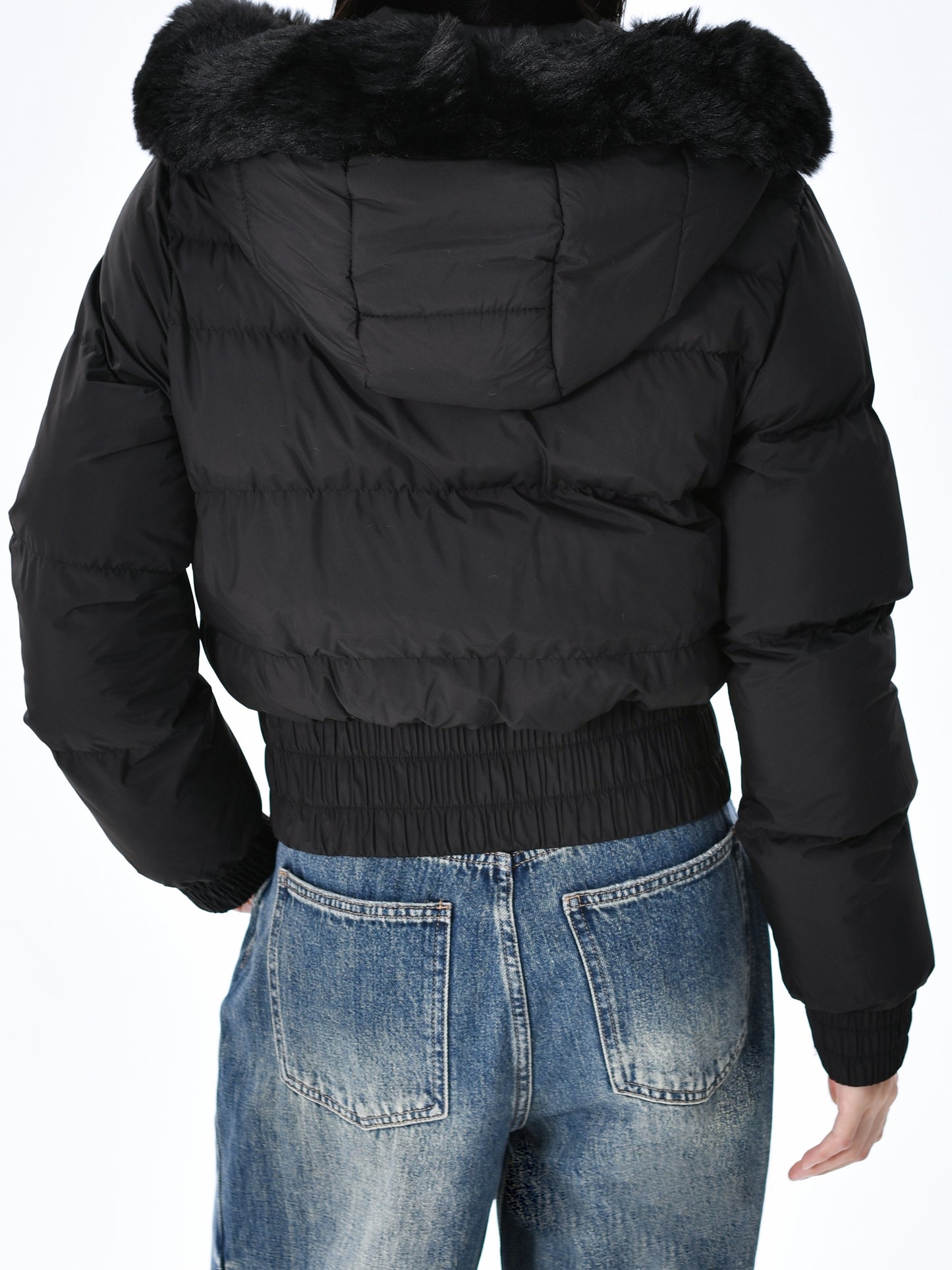 Էլեգանտ պոլիեսթերային բարձիկով կանացի բաճկոն - 2024 թվականի նորաձև կարճ միագույն վերարկու՝ հաստ արհեստական ​​մորթուց օձիքով, երկար թևքերով, կայծակաճարմանդով, գործված - Ձմեռային ջերմություն, առօրյա վերնազգեստ