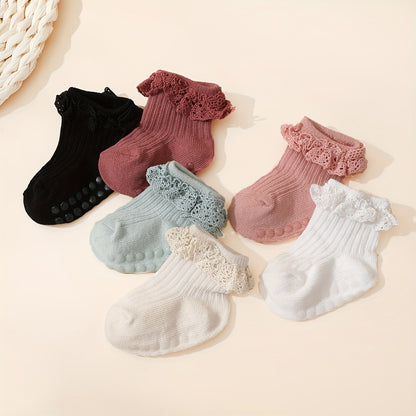 6 Pairs Baby Girl's Lace Short Crew Socks, Breathable Comfy Casual Socks Fashion Socks