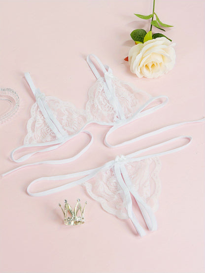 Sexy V-Neck Lace Floral Sexy Lingerie Bra Crotchless Panties, Women'S Sexy Lingerie, Free-To-Take Three-Point Lingerie Set, Suitable for Halloween, Christmas, Thanksgiving, Valentine'S Day, Give Gifts to Girlfriends And Surpr