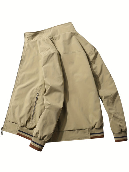 Men'S Stylish Beige Bomber Jacket with Red & Blue Trim - Double-Sided, Metal Zipper, Casual & Formal Wear, Perfect Gift for Husband or Boyfriend, Casual Outerwear | Doubleside Jacket | Polyester Lining