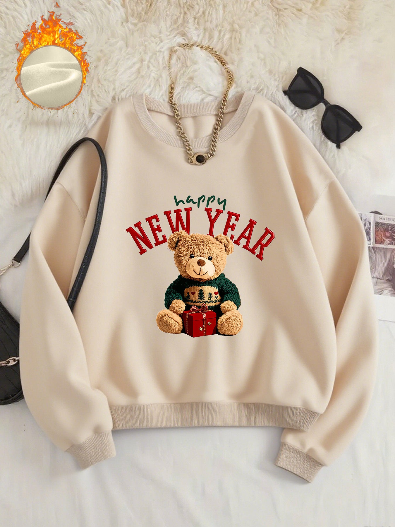 -Lined Women's Crewneck Pullover, Casual Printed Versatile Sweatshirt, Multiple Colors Available