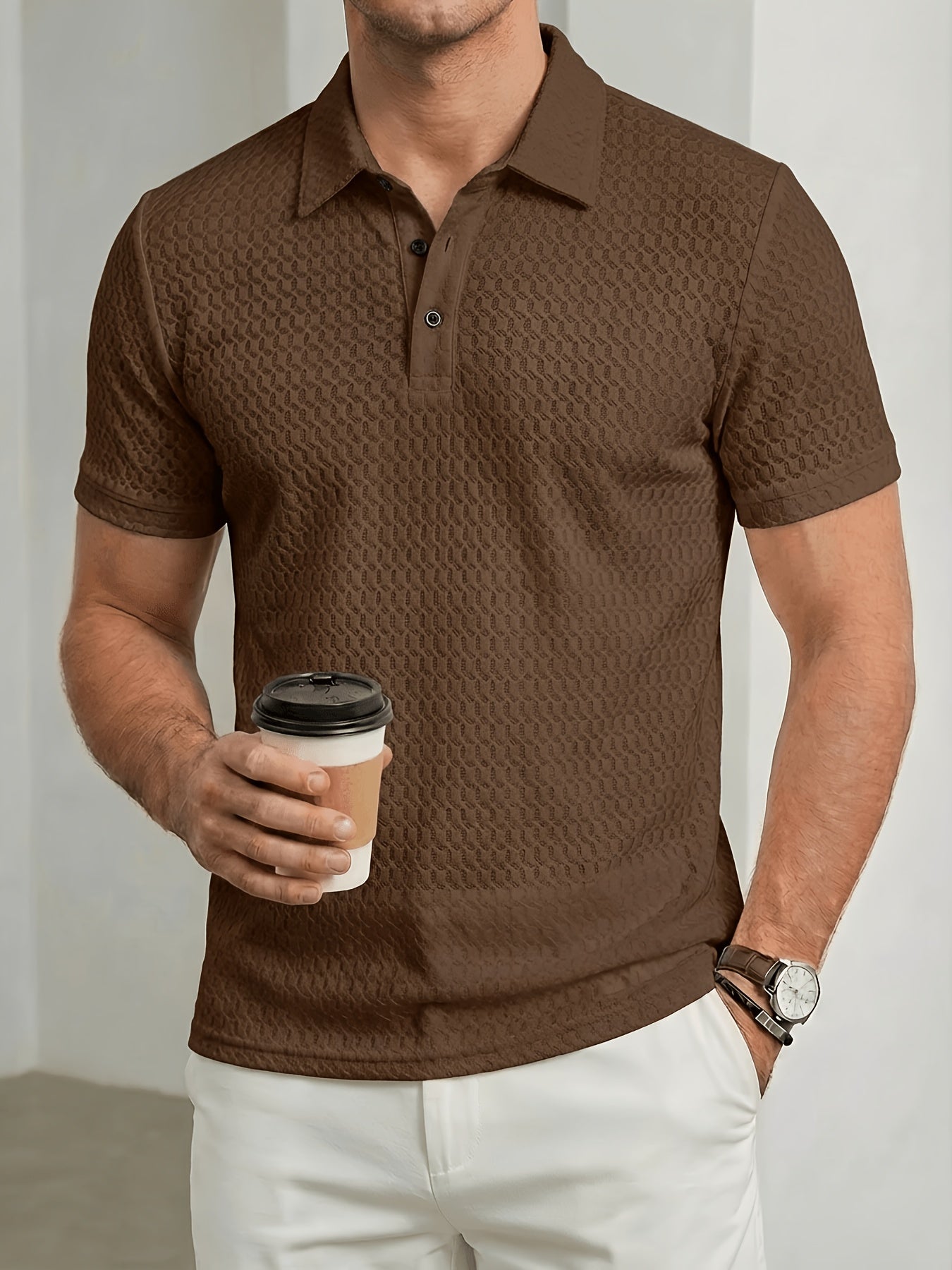 Men's Breathable Waffle Knit Polo Shirt, Summer Casual Work Tee