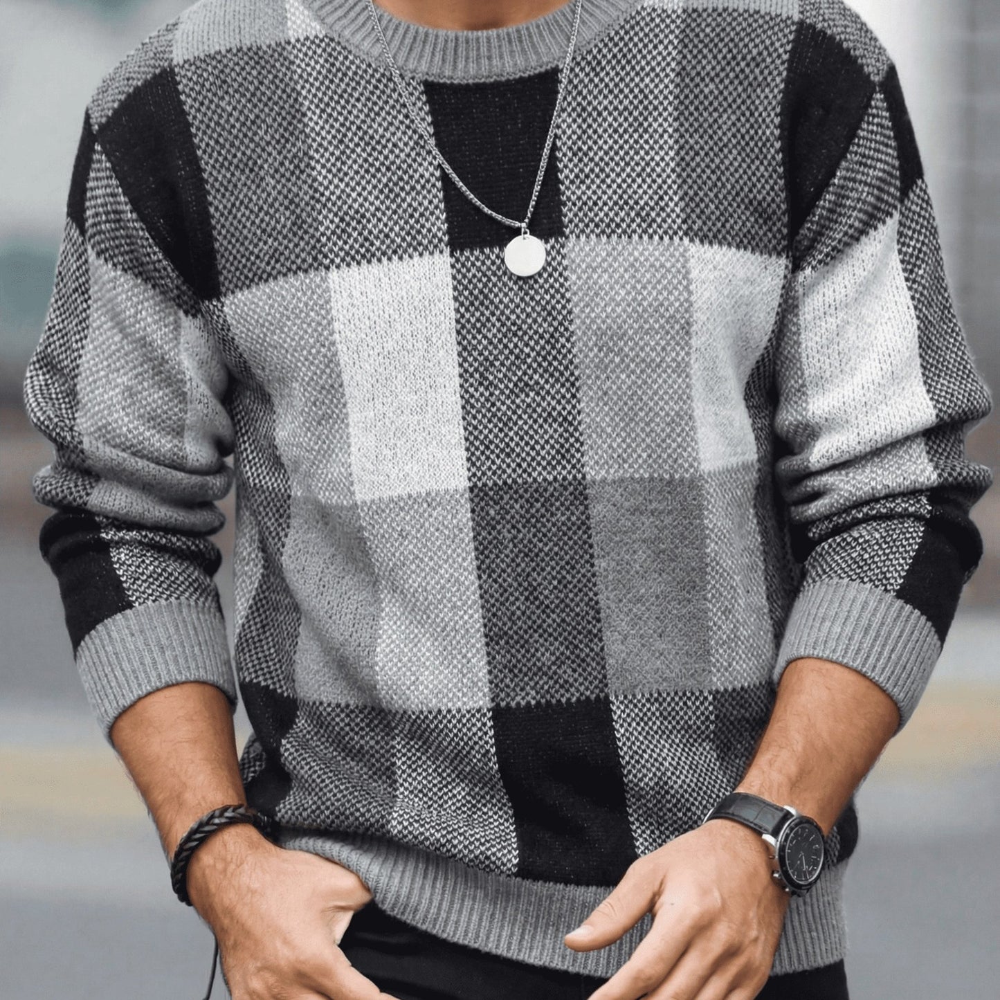 Men'S Casual Plaid Crew Neck Knit Sweater | Loose Fit, Long Sleeve, Fashionable Color Block Design, Suitable for Fall/Winter