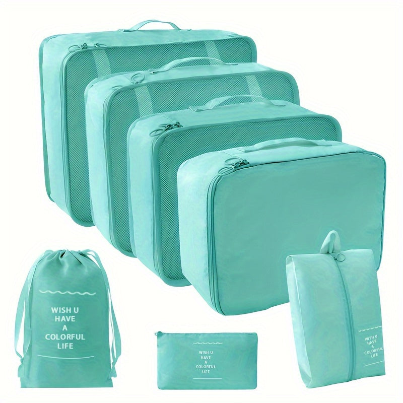 7pcs Pink Travel Organizer Set - Durable Polyester Packing Cubes with Inspirational Quotes, Includes Clothes, Underwear, Shoe, Cosmetic & Toiletry Bags for Efficient & Stylish Storage