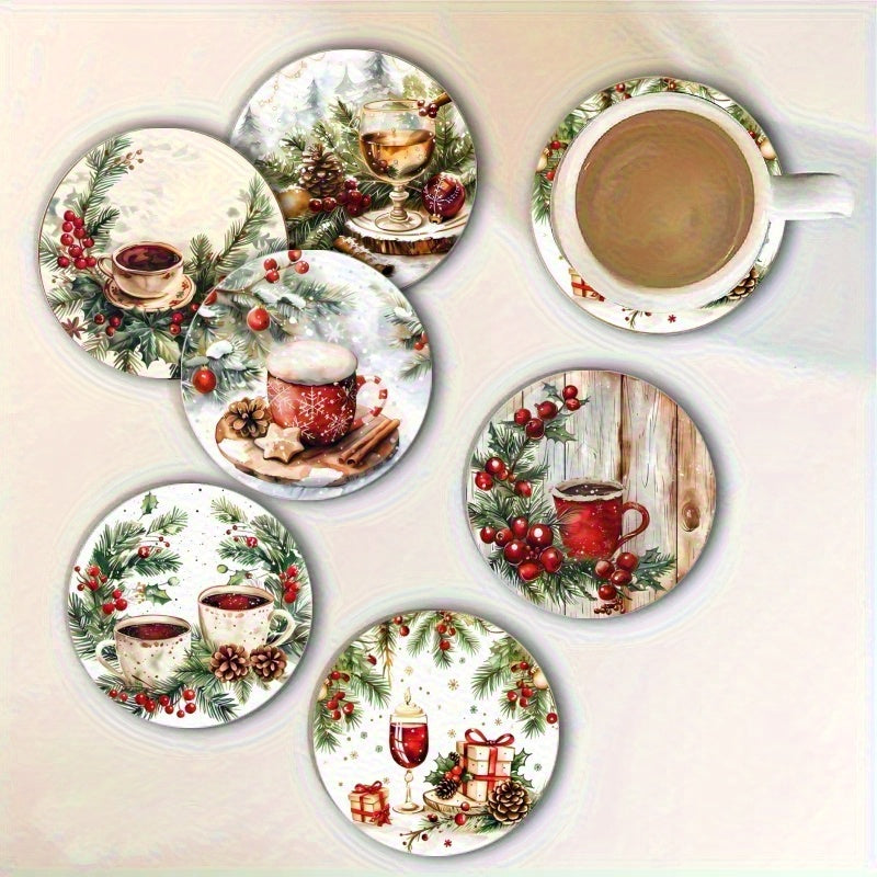 6pcs Holiday Wooden Coaster Set- Christmas and Holiday Themes, Suitable for Kitchen, Living Room, and Patio Tables- Perfect Holiday Gift, Christmas Decoration, Festive Tableware, Holiday Decor, Themed Coasters, Seasonal Desig