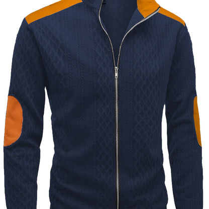 Men's Beige & Orange Contrast Full-Zip Jacket - Winter Warmth Loose-Fit Tailored Coat with Stand Collar, Zippered Pockets & Full-Zip Closure, Machine Washable Casual Outerwear for Men (Beige/Orange) - Ideal for Fall and Winte