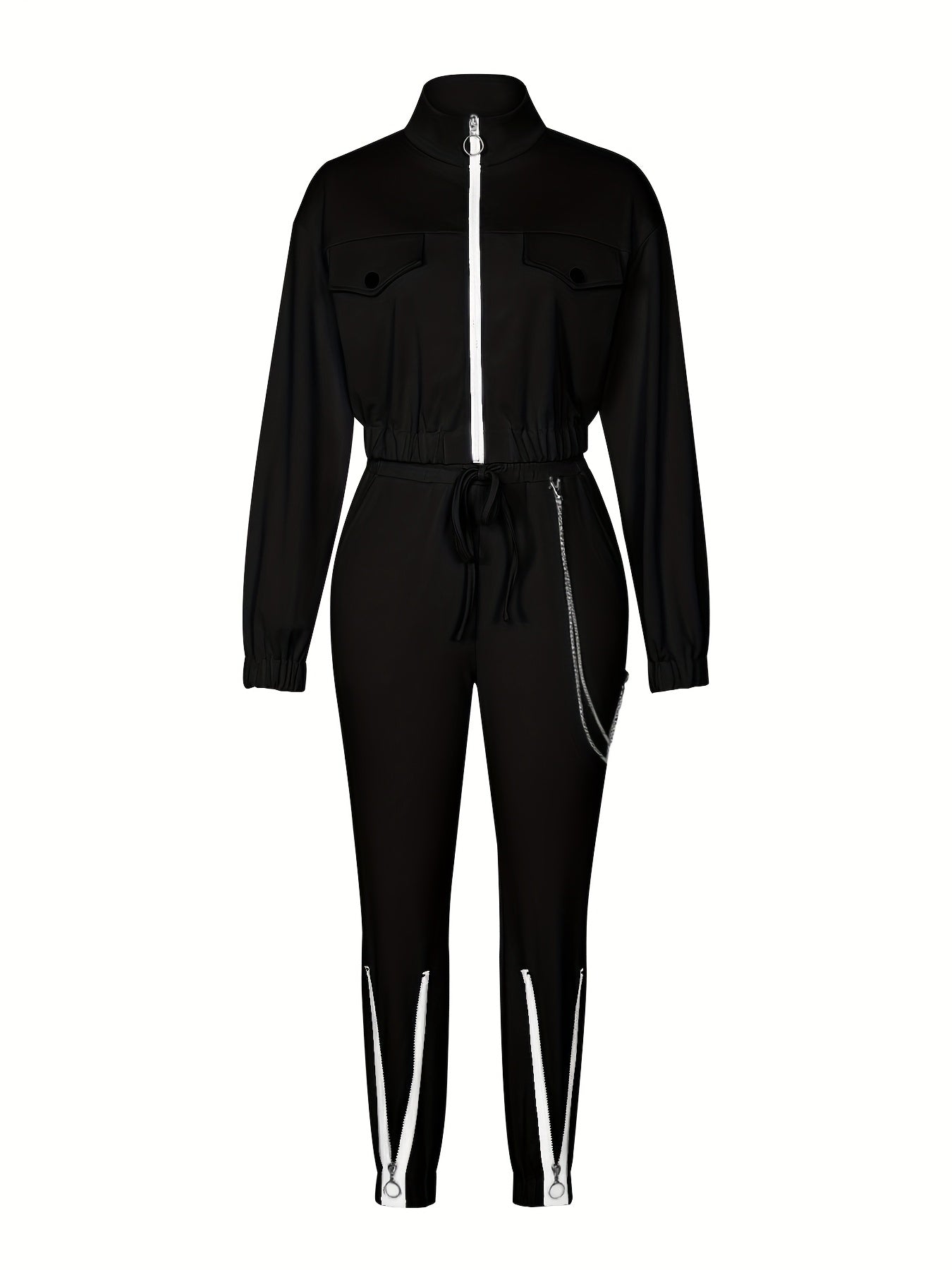 Cross-Border Women'S Two-Piece Set with Zip Long-Sleeve Top And Pants Featuring a Patchwork Zip Design, Casual Outfit