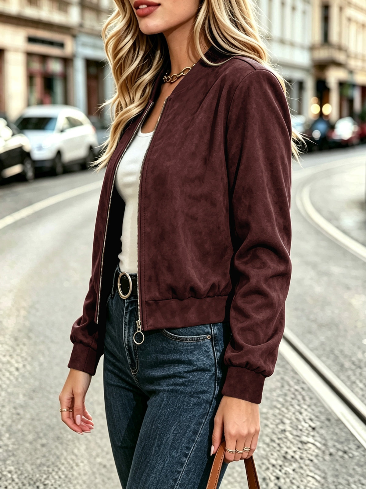 Elegant Casual Suede Texture Long Sleeve Jacket for Fall