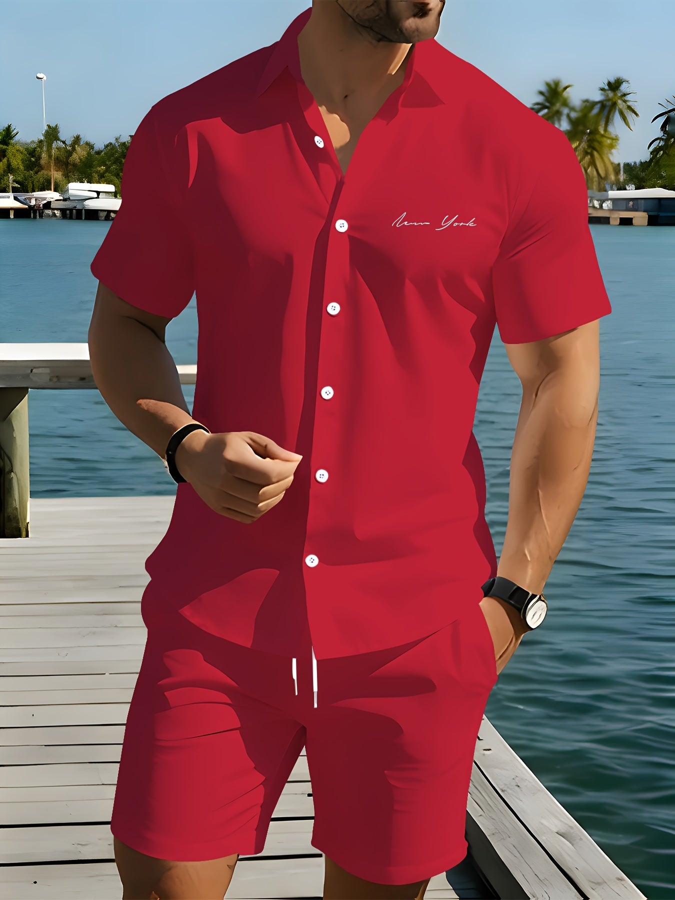 Men's Summer Short-Sleeve Shirt and Shorts Set - Casual Polyester