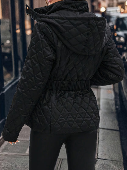 Women'S Winter Jacket - Waist-Cinching Coat with Adjustable Belt, Long Sleeve Cold Weather Outerwear, Elegant Black Outerwear for Everyday & Formal Events, Non-Bulky Warmth, Formal Event Attire, Quilted Design, Durable Fabric