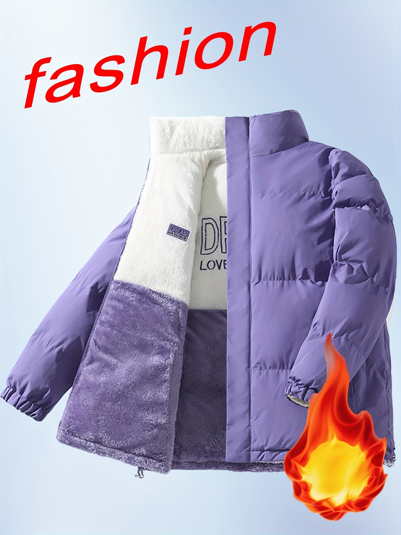 Տղամարդու երկկողմանի բրդյա ծածկույթով հաստ բաճկոն՝ առօրյա կանգնած օձիքով՝ տառերի տպագրությամբ, սովորական չափսերով, գրպաններով, պոլիեսթերային լցոնով, բազմակողմանի աշուն/ձմեռ համար, ձմեռային բաճկոն