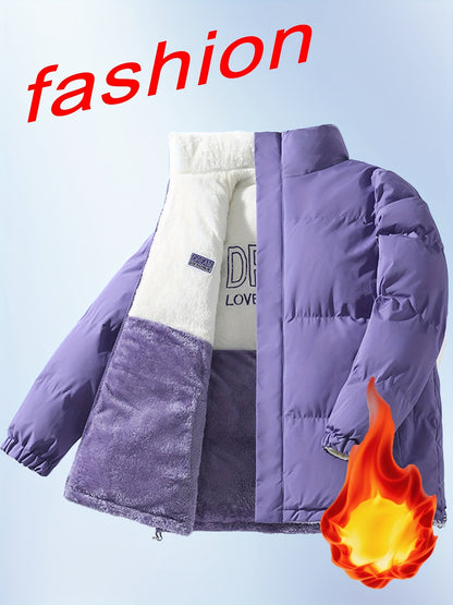 Տղամարդու երկկողմանի բրդյա ծածկույթով հաստ բաճկոն՝ առօրյա կանգնած օձիքով՝ տառերի տպագրությամբ, սովորական չափսերով, գրպաններով, պոլիեսթերային լցոնով, բազմակողմանի աշուն/ձմեռ համար, ձմեռային բաճկոն