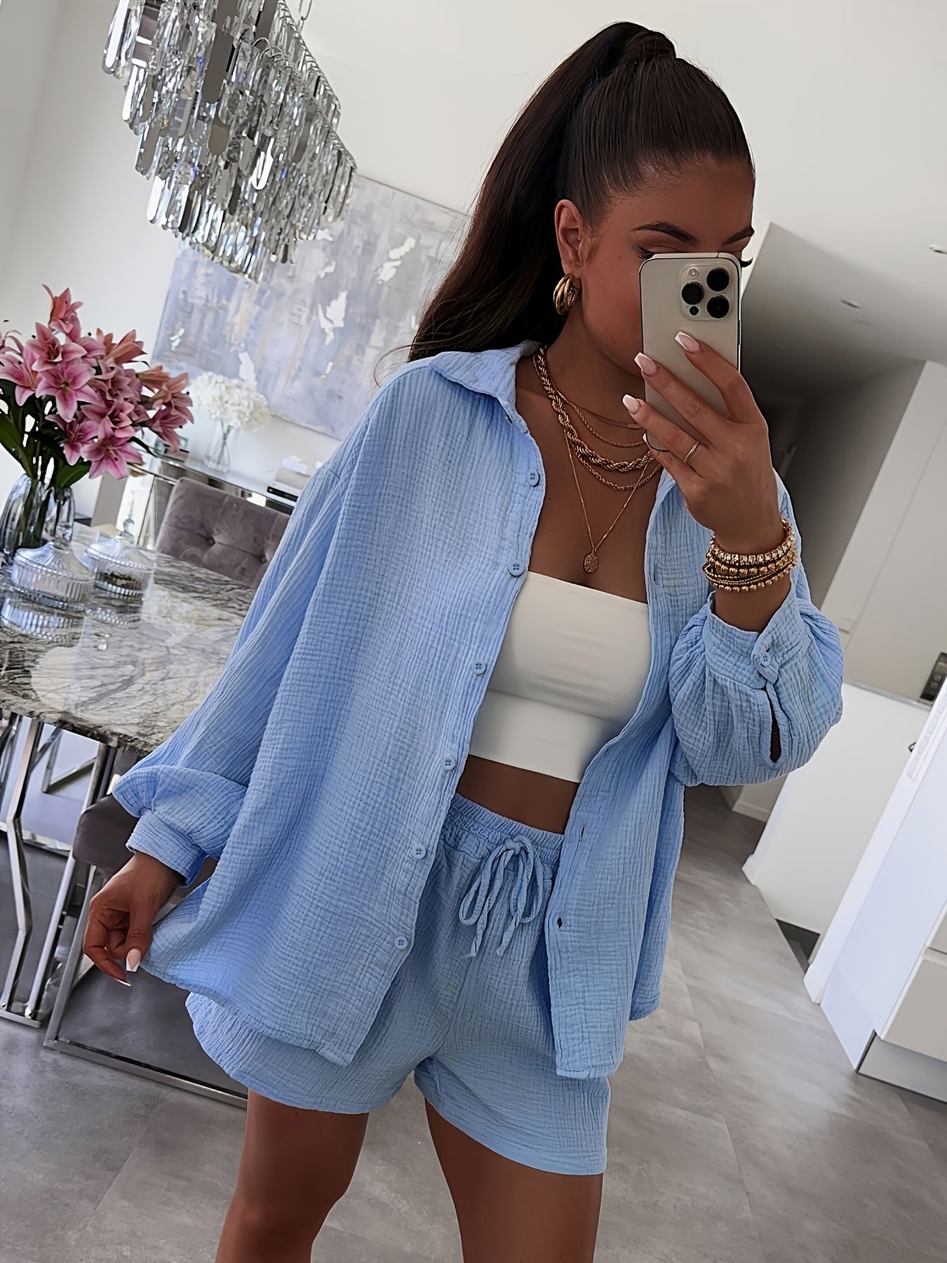Women's Cotton Cardigan & Shorts Set Casual Long Sleeve