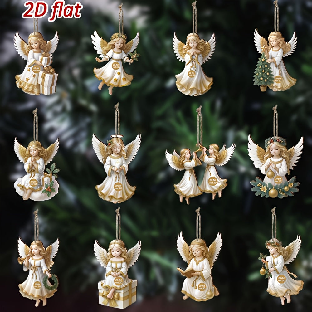 2D Flat - 12/24/36pcs Elegant Wooden Angel Ornaments | Tranquil White Angel Hanging Decorations for Christmas Tree, Garden, Home Decor, Suitable for Christmas, New Year, and Easter