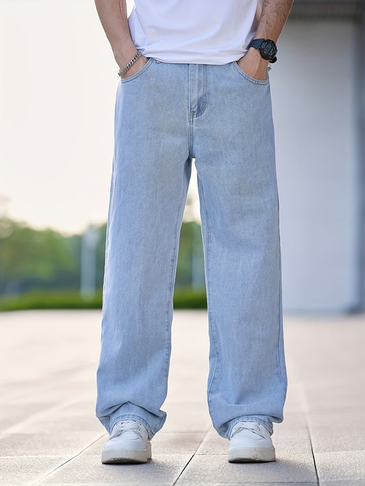 1pc Men'S Casual Washed Denim Jeans, Loose Fit Straight Leg, Solid Color, Non-Stretch Fabric, All-Season Woven Pants - Regular Length