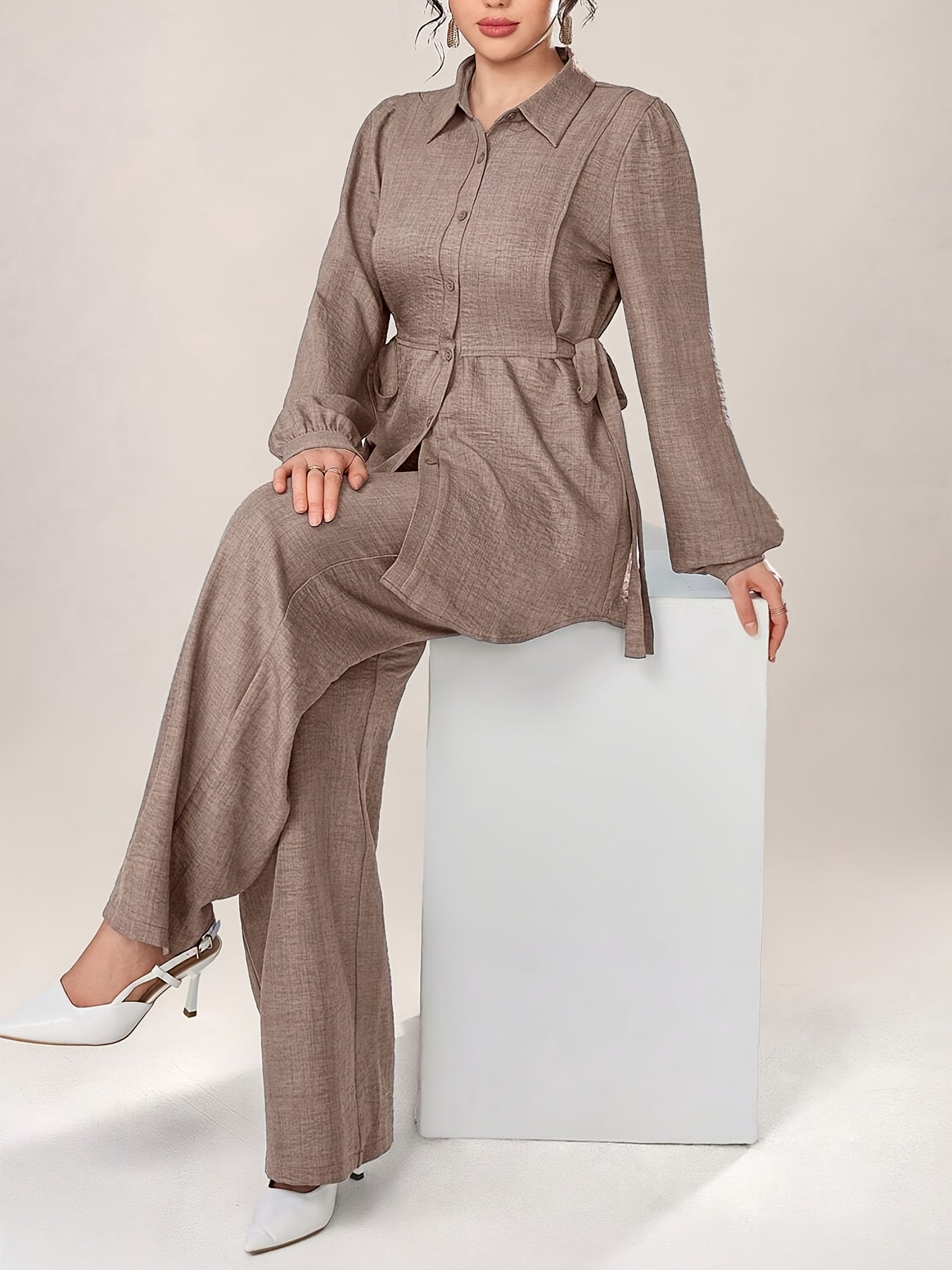 Stylish and Elegant Casual Two-Piece Women's Outfit with Side Tie Single-Breasted Shirt and Wide-Leg Pants for Office Wear