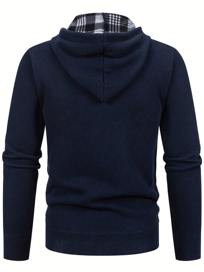 Men's Quilted Hooded Zip-Up Jacket with Plaid Lining for Winter