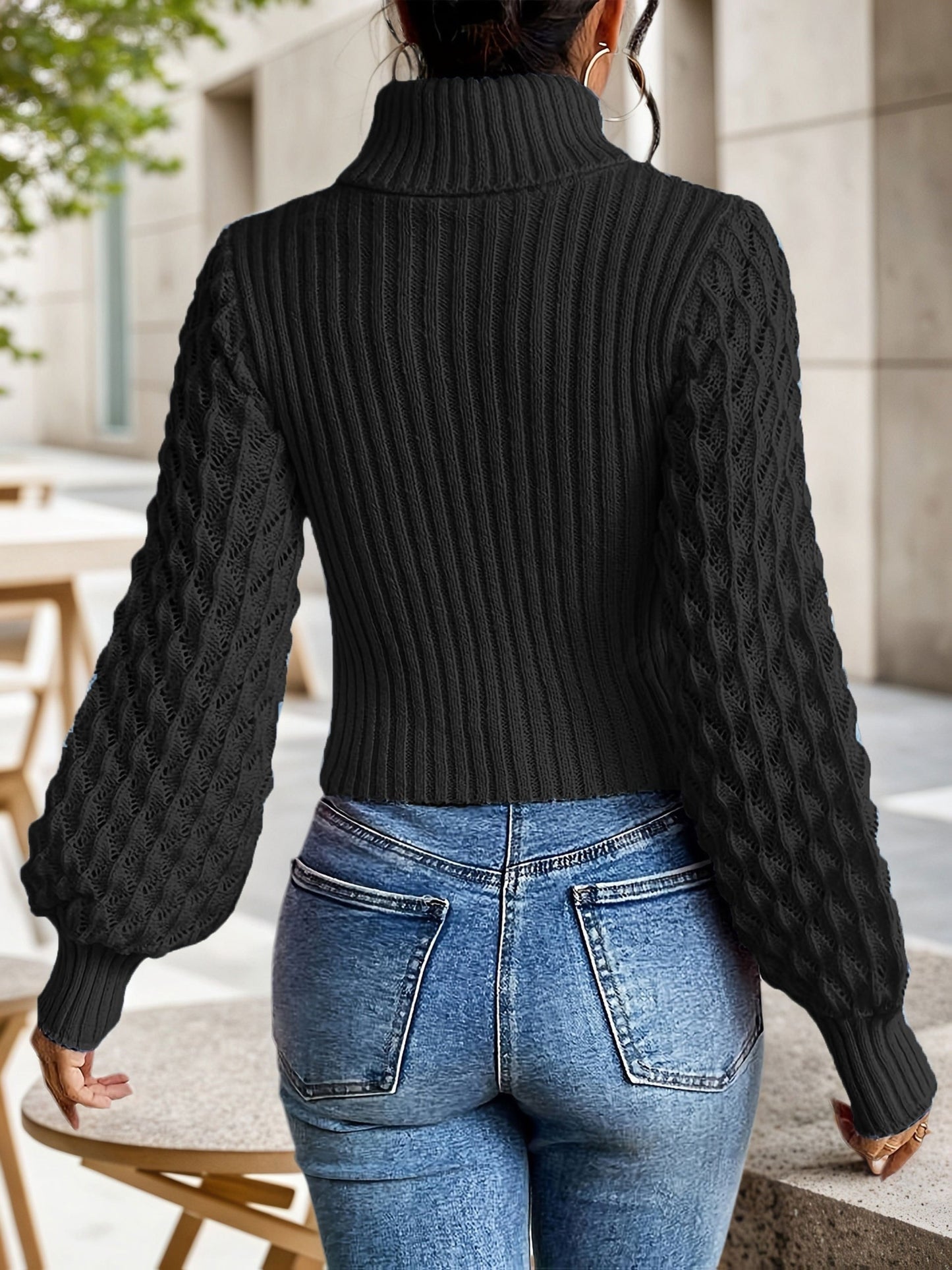 Առօրյա բարձր վզնոցով միագույն լապտերային թևքերով սվիտեր | Կարճ երկարություն, կողք կողքի, պուլովեր ոճով, հարմար է բոլոր եղանակների համար