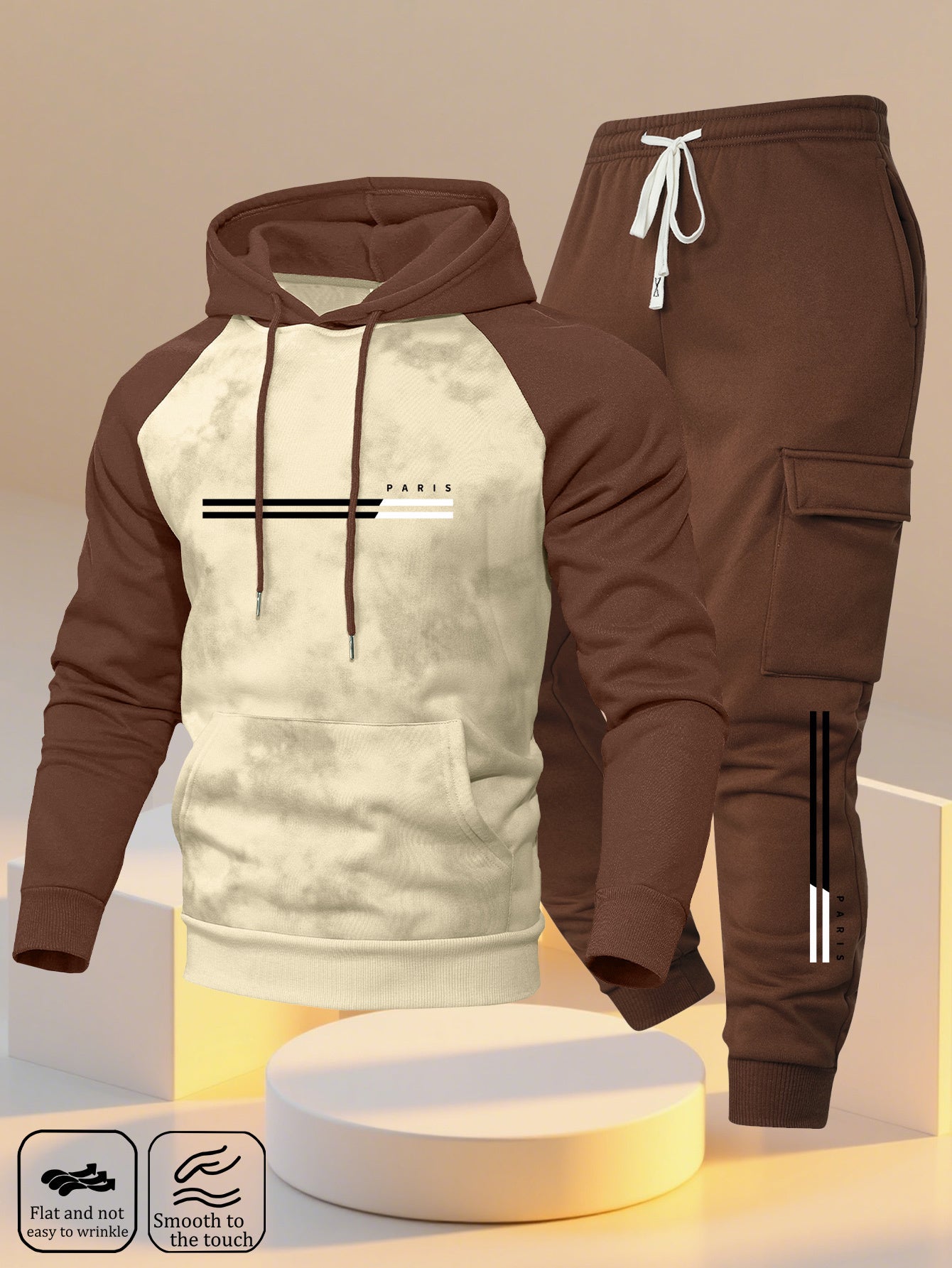 A New Trendy Color-Blocked Hoodie with Raglan Sleeves And Loose-Fitting Cargo Pants Featuring Multiple Pockets, Perfect for Casual Everyday Wear. This Breathable Hoodie And Loose Long Pants Set Comes in a Two-Piece Print Desi
