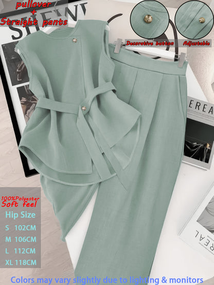 Women's Elegant Two-Piece Sleeveless Pullover Set with Adjustable Wais