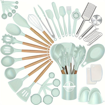 43pcs Non-Stick Cookware Storage Bucket with Wooden Handles, Silicone Kitchen Utensils, Easy-To-Clean Kitchen Tools, Spatula And Spoon Set.