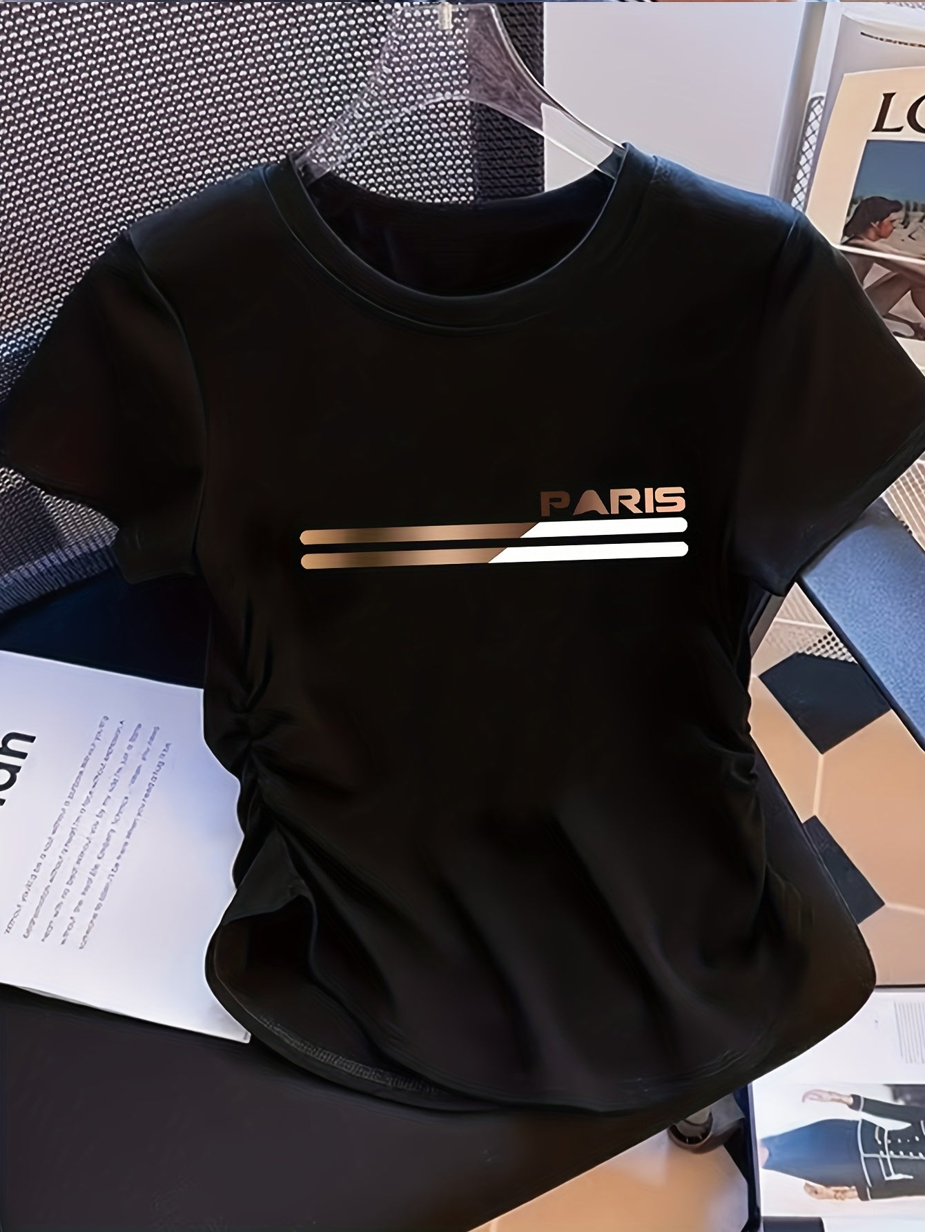 Women’s Y2K Crew Neck T-Shirt with Paris Lettering, Stretchy Casual To - ayq