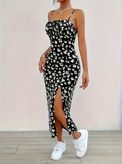 Floral Print Slit Hem Cami Dress, Stylish Backless Sleeveless Midi Cami Dress For Spring & Summer, Women's Clothing