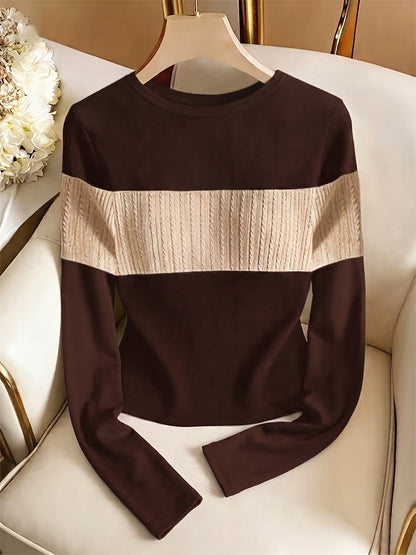 Women's Elegant Color-Block Crew Neck Long Sleeve Top