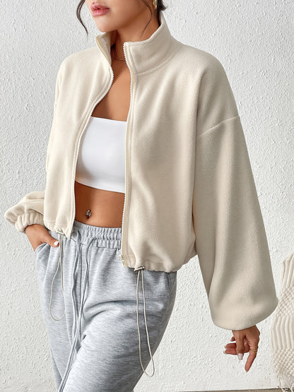 Women'S Casual Zippered Front Drawstring Hem Jacket - High-Neck Long Sleeve with Pockets, All-Season Comfort, Machine Washable, Versatile for Casual Attire, Casual Wear Jacket | Highneck Jacket | Zippered Jacket