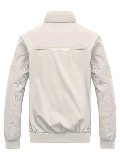 Men's Long Sleeve Zip Up Stand Collar Coat, Business Stand Collar Jacket With Zipper Pockets, Spring Autumn Men's Clothing