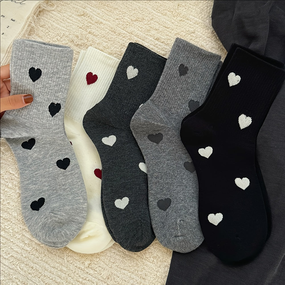 Women's 5 Pairs Mid-Calf Heart Pattern Socks, Soft Polyester