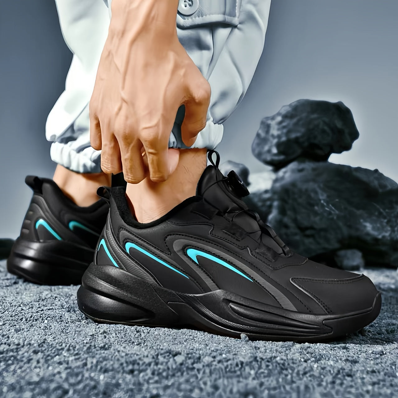 Men's Warm Fleece-Lined Casual Running Shoes - Stylish Black with Blue & Turquoise Accents, Durable Rotating Buckle Closure, Comfortable Non-Slip Sole for Hiking & Outdoor Activities, Fall/Winter